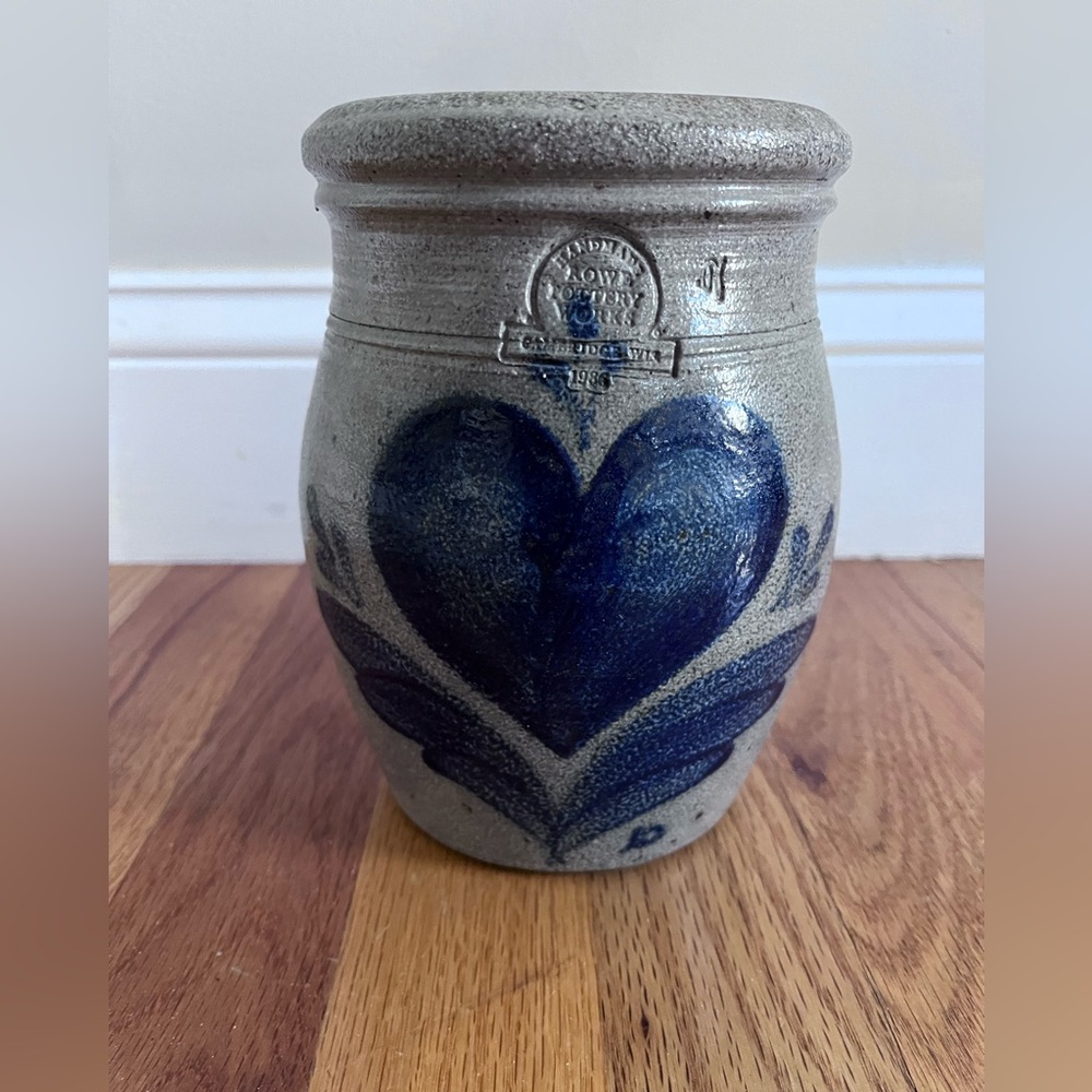 Rowe pottery works 1985 blue heart case cannister stoneware
